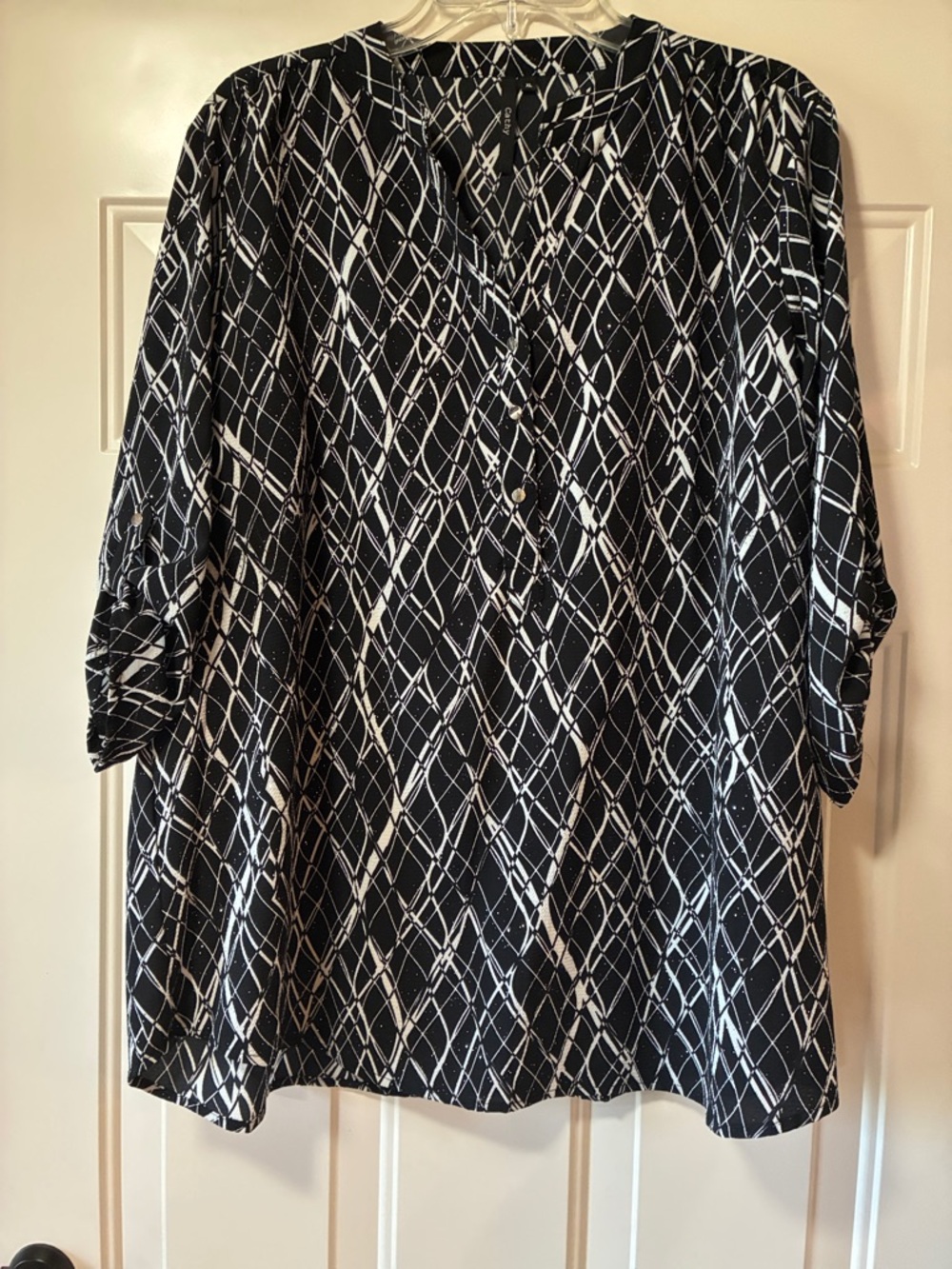 XL Cathy Black and White Shimmery Y-Neck Blouse with Roll Tab Sleeves